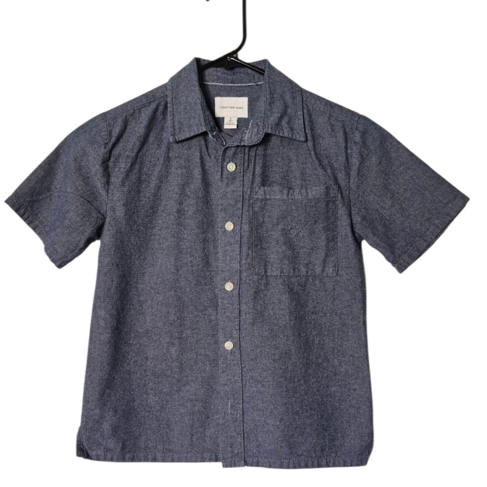 Calvin Klein Boy's Denim Dark Blue Casual Button Down Short Sleeve Shirt Size 8